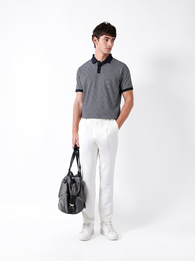 Men Blue Self Design Cotton Polo T-Shirt
