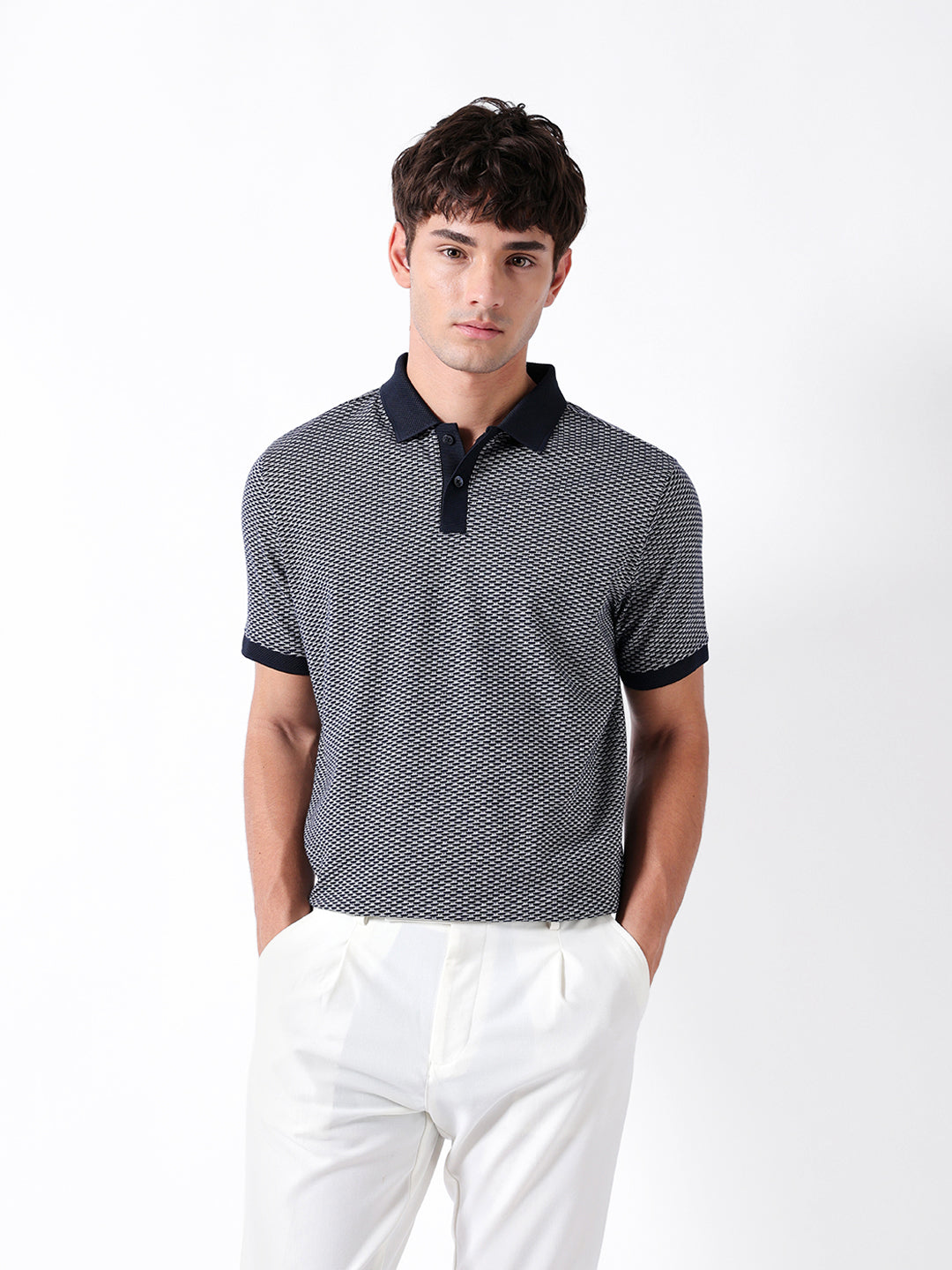 Men Blue Self Design Cotton Polo T-Shirt