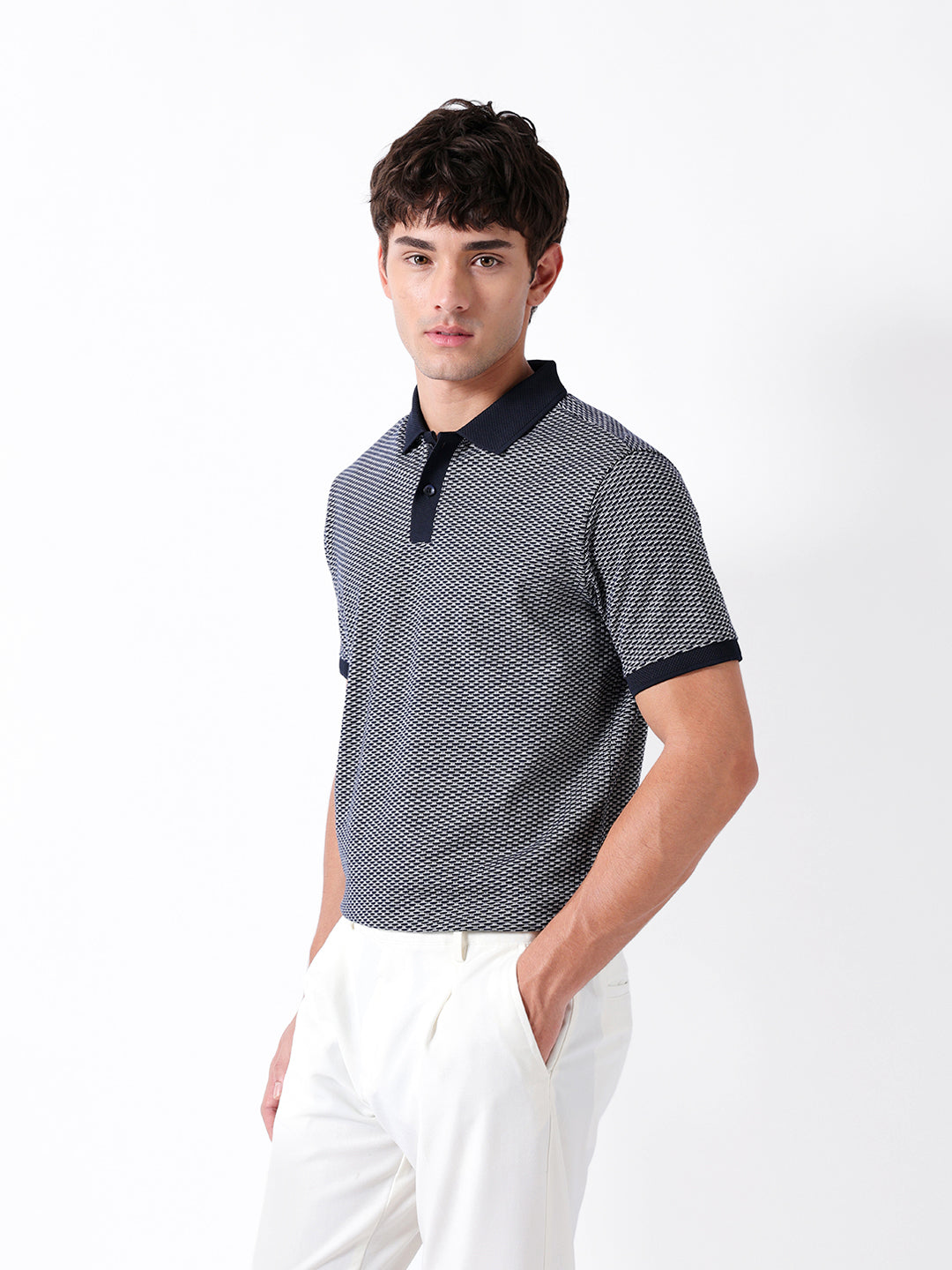 Men Blue Self Design Cotton Polo T-Shirt