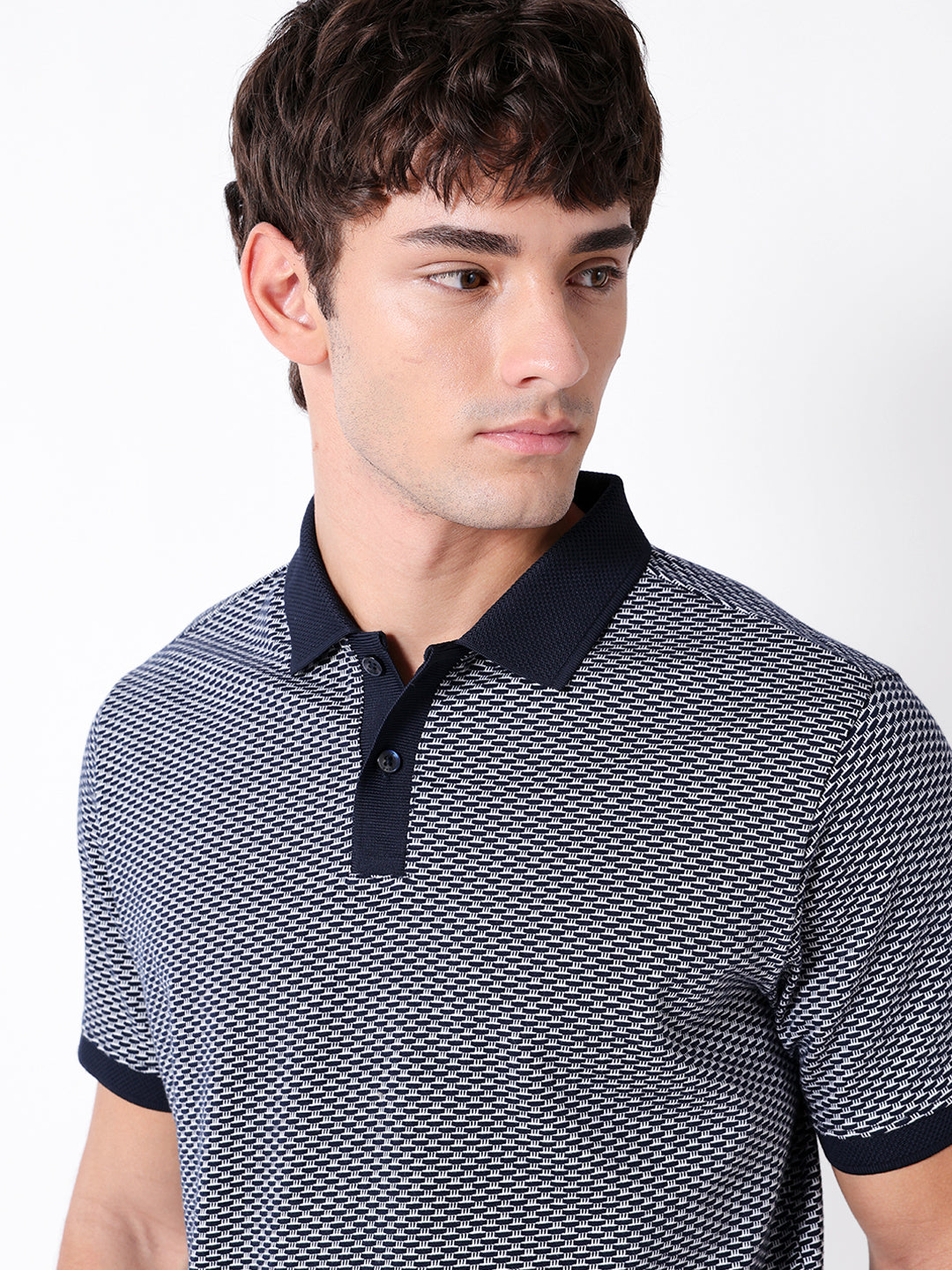 Men Blue Self Design Cotton Polo T-Shirt