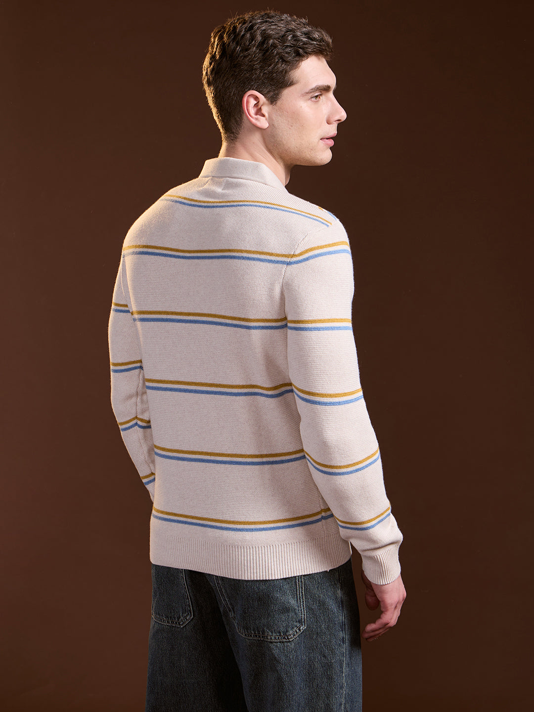 Men Beige Striped Slim Fit Polo