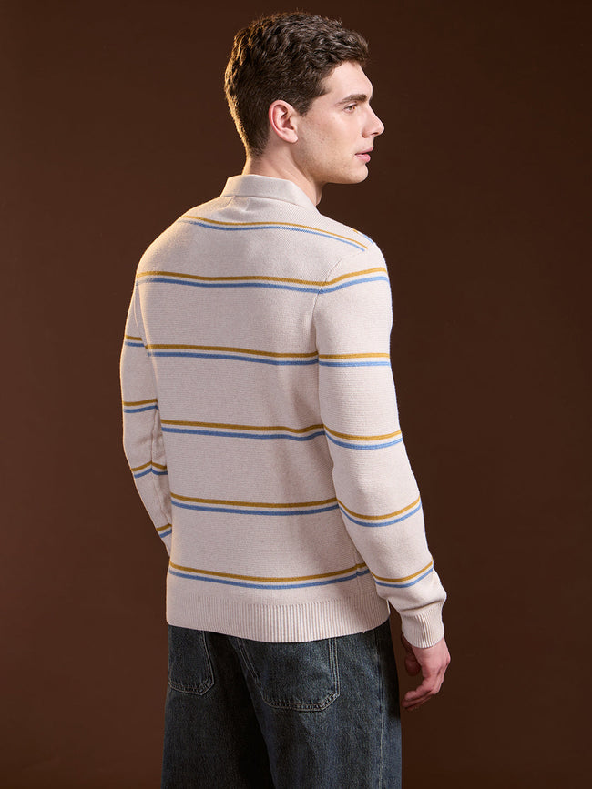 Men Beige Striped Slim Fit Polo