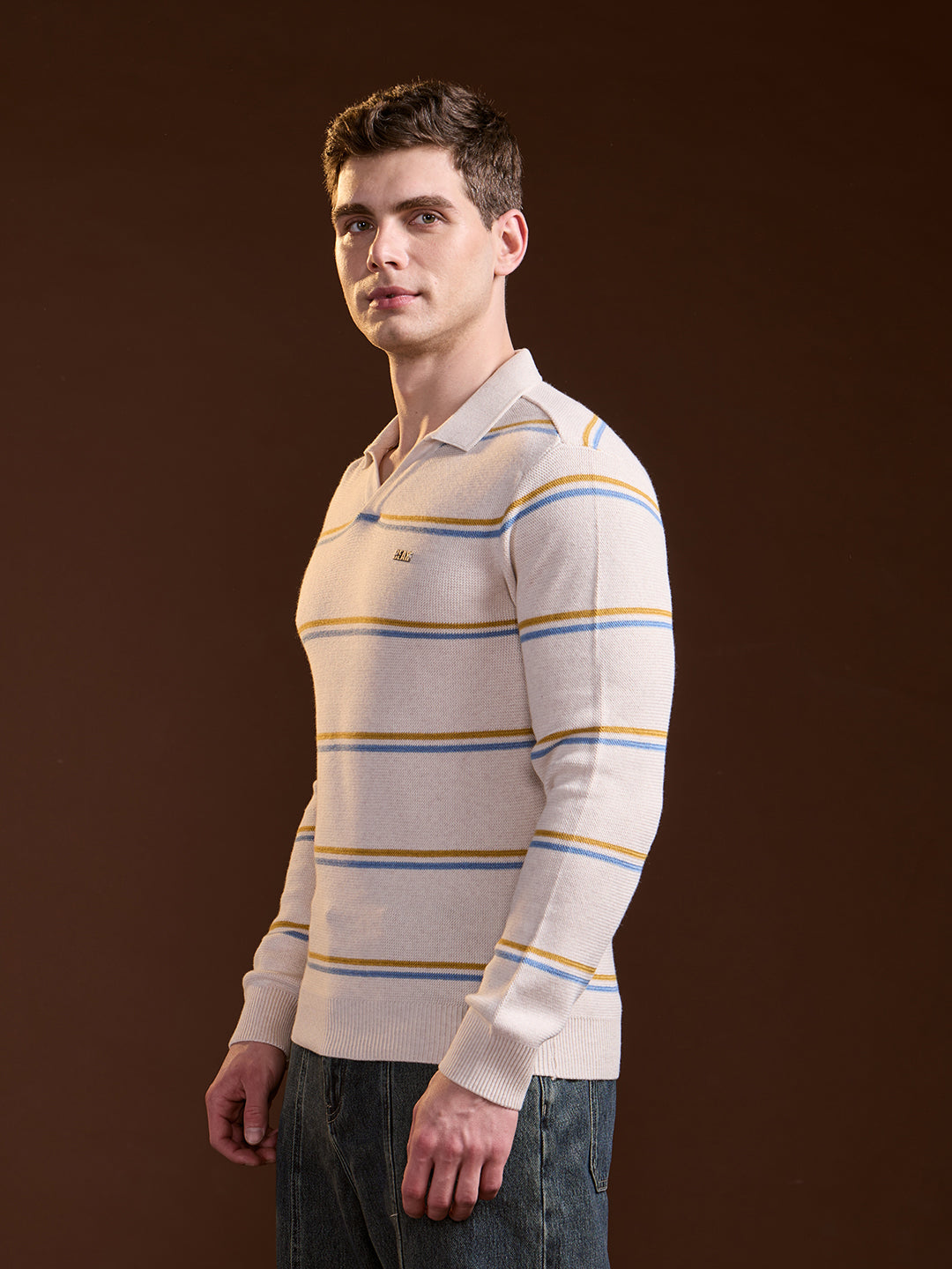 Men Beige Striped Slim Fit Polo