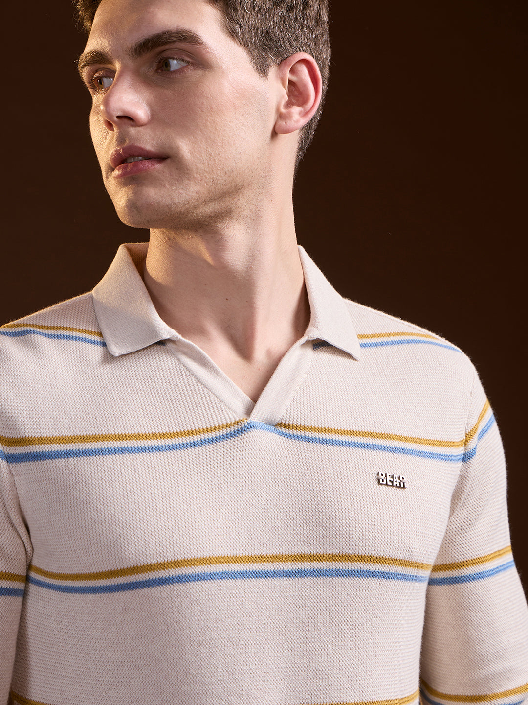 Men Beige Striped Slim Fit Polo