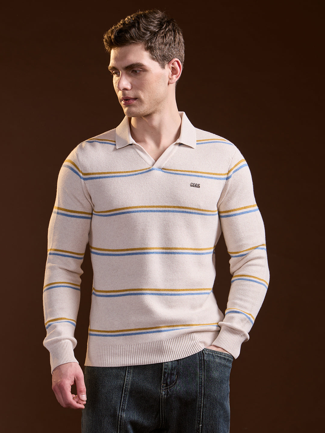 Men Beige Striped Slim Fit Polo