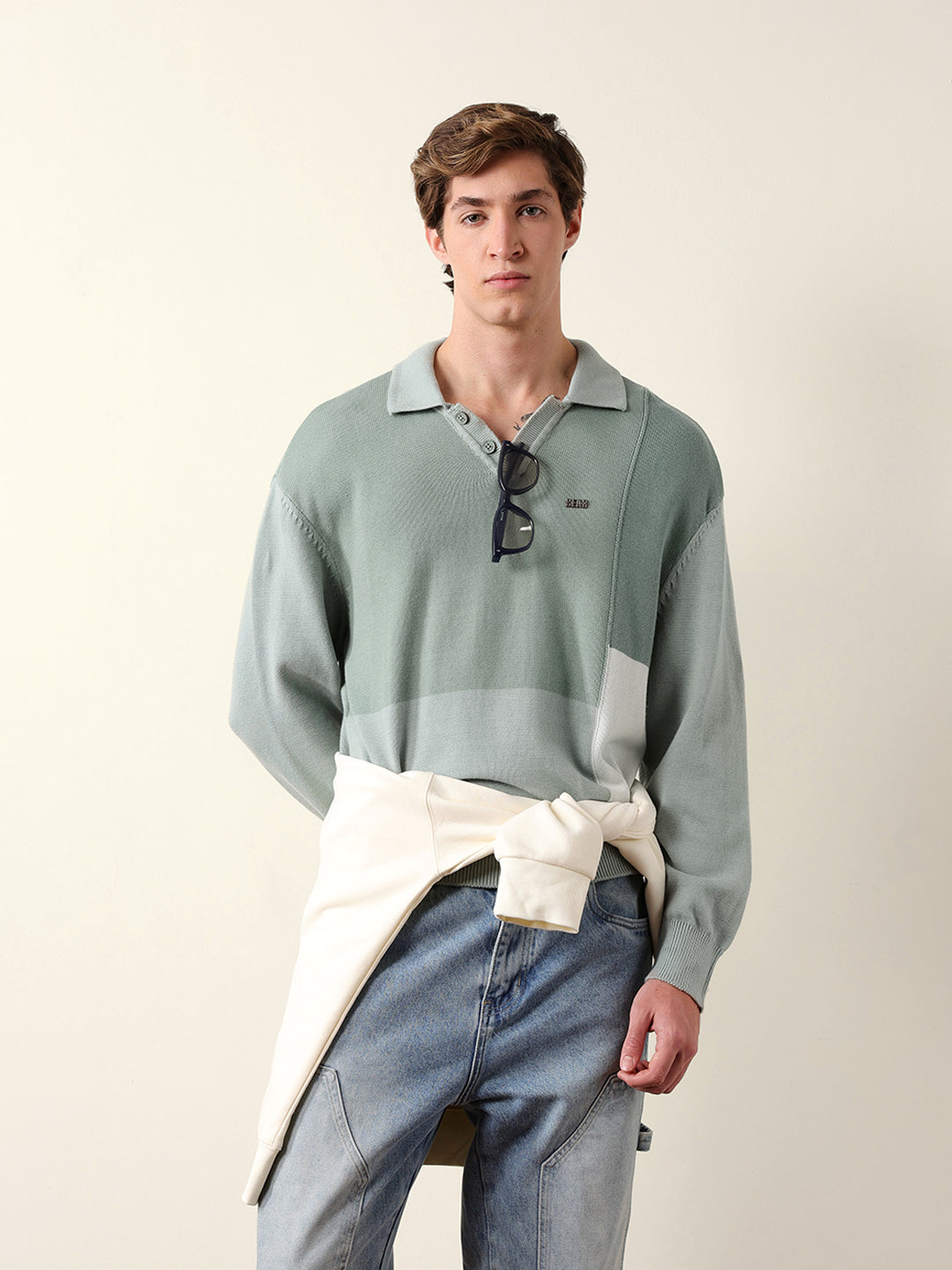 Men Solid Polo Collar Sweatshirt