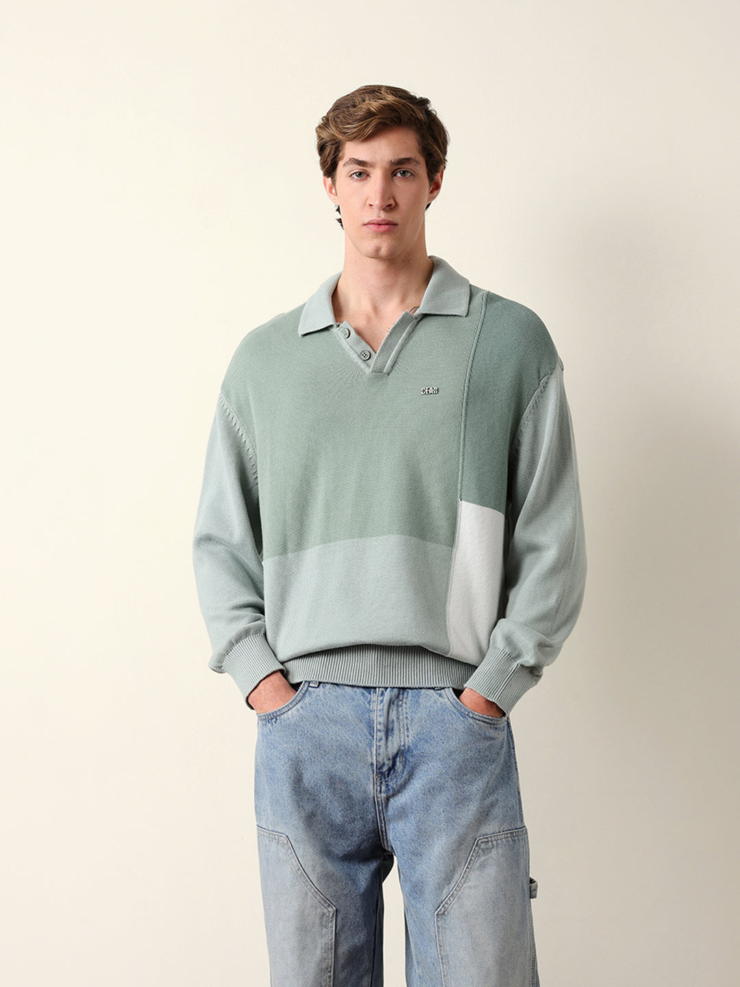 Men Solid Polo Collar Sweatshirt