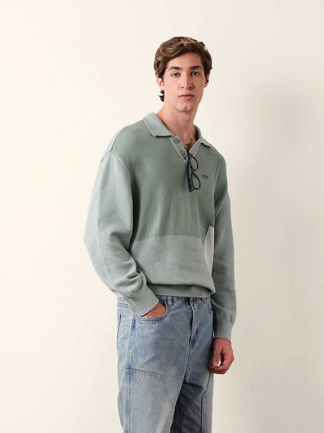 Men Solid Polo Collar Sweatshirt