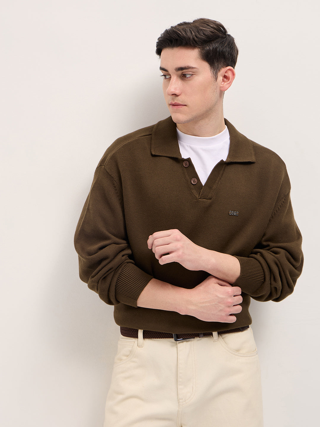 Men Brown Textured Knit Relaxed Fit Polo