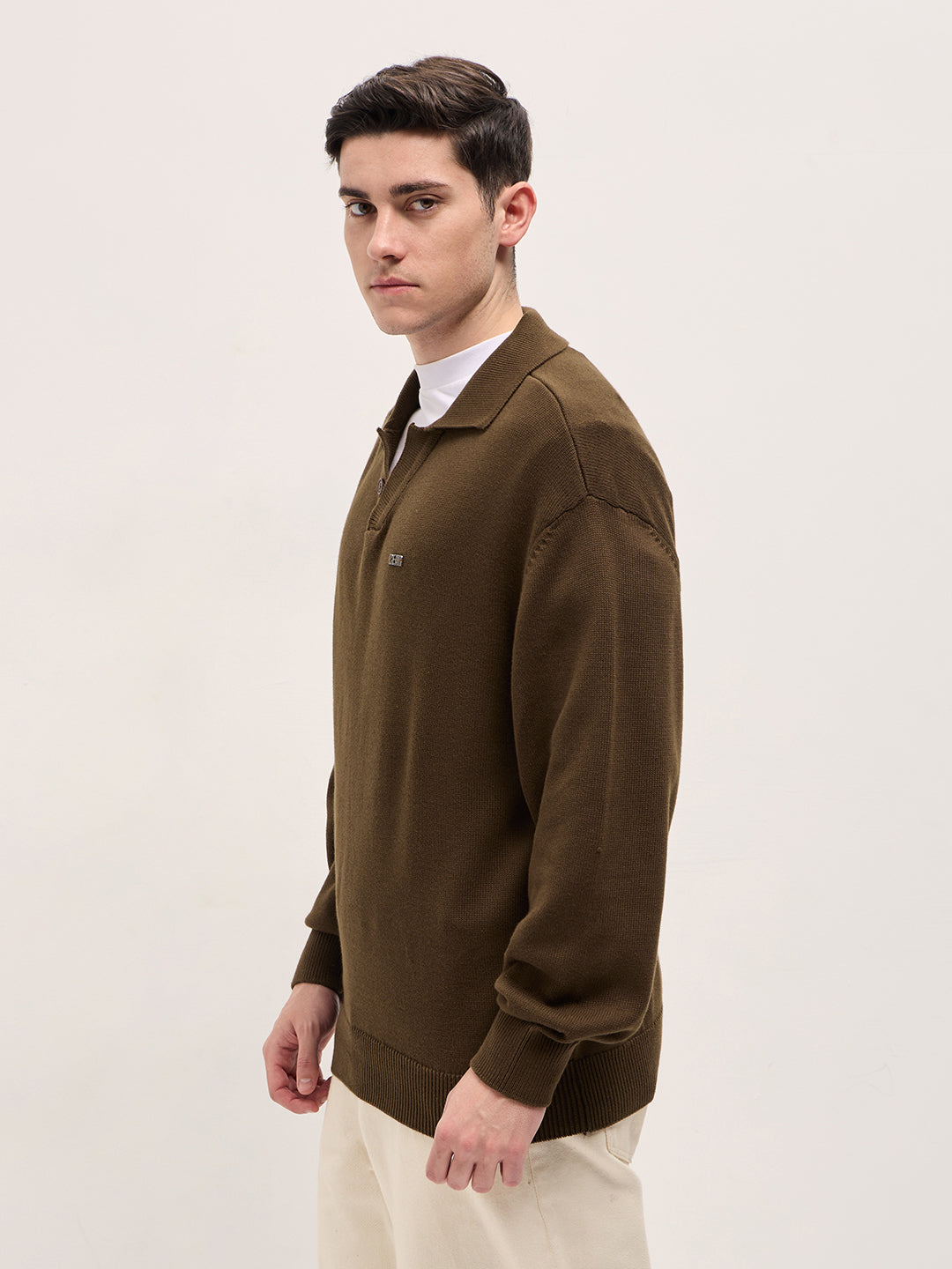 Men Brown Textured Knit Relaxed Fit Polo