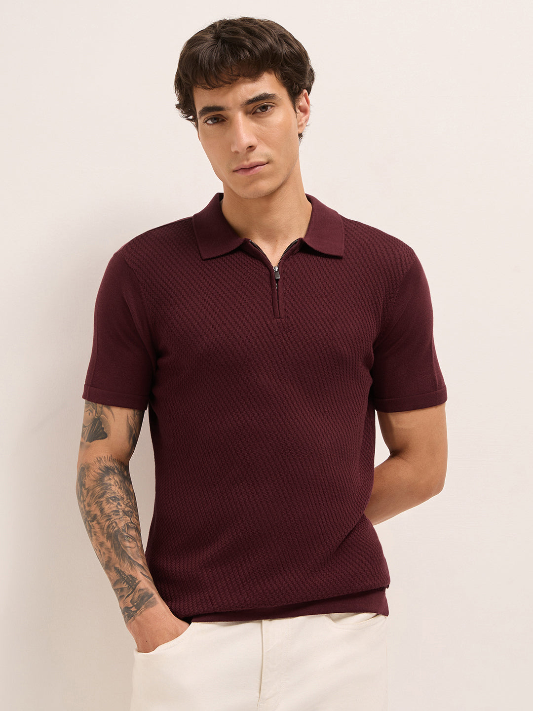 Men Cotton Textured Polo T-Shirt