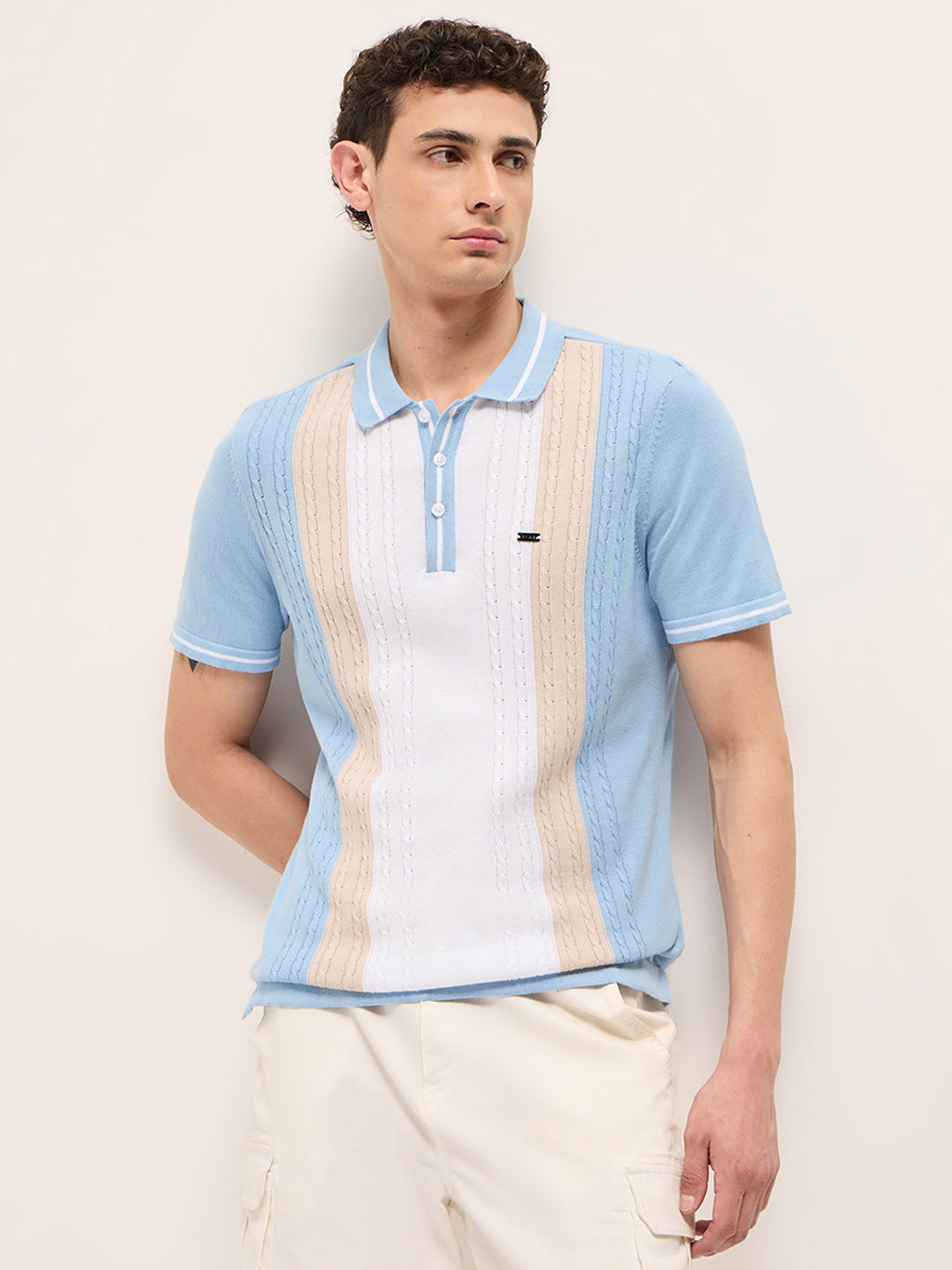 Men Multi Self Design Cotton Polo