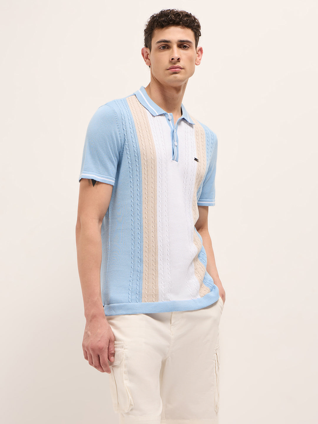Men Multi Self Design Cotton Polo