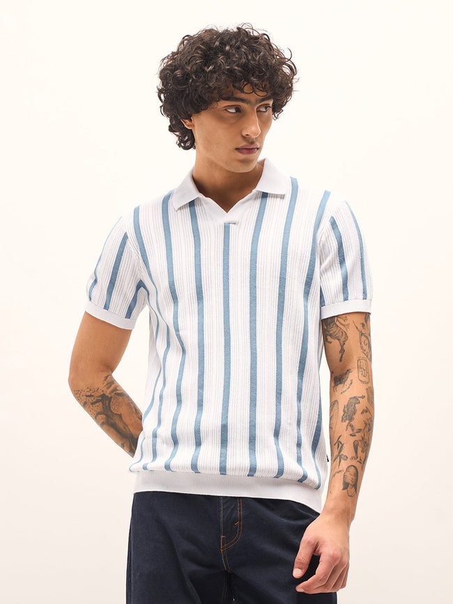 Men Blue and White Striped Slim Fit Polo
