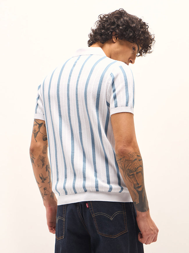 Men Blue and White Striped Slim Fit Polo