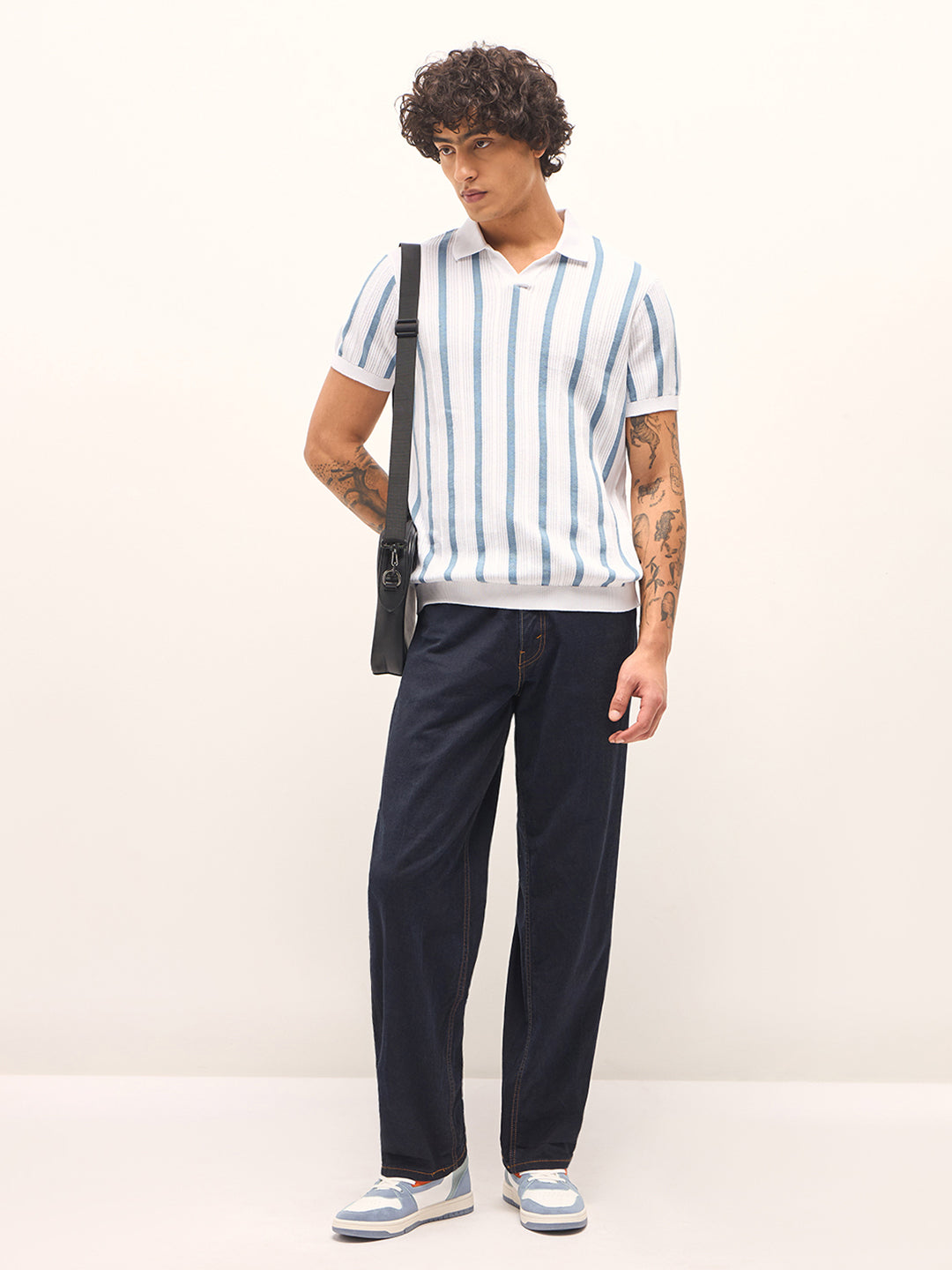 Men Blue and White Striped Slim Fit Polo