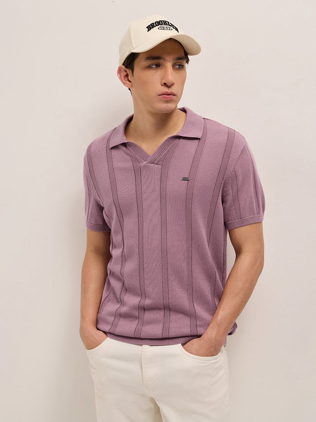 Men Pink Textured vertical knit stripes Slim Fit Polo