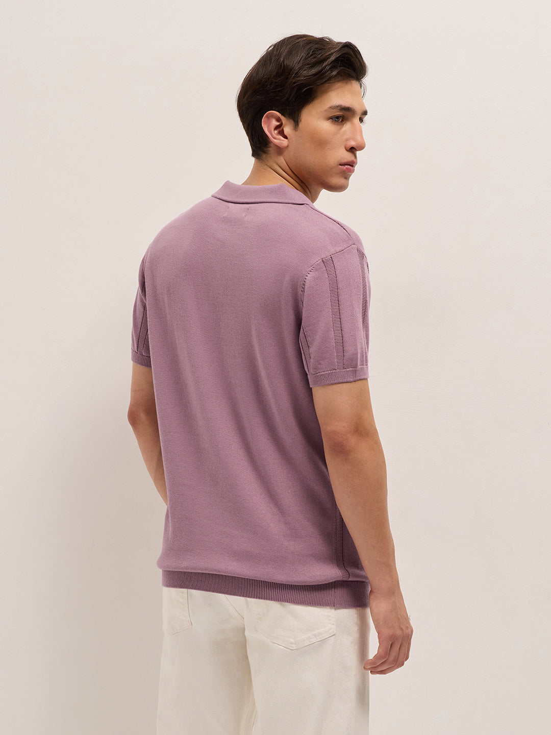 Men Pink Textured vertical knit stripes Slim Fit Polo
