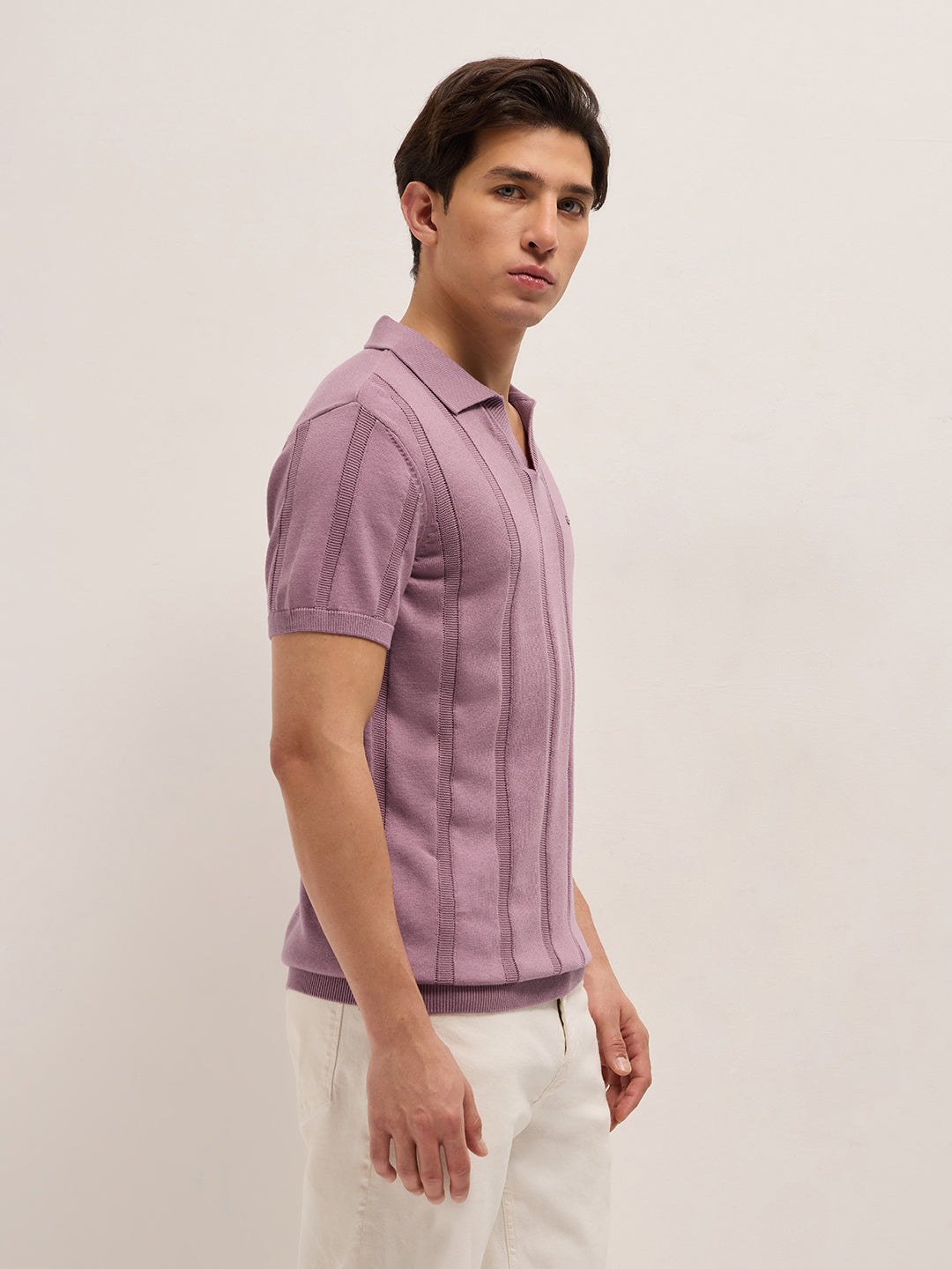 Men Pink Textured vertical knit stripes Slim Fit Polo