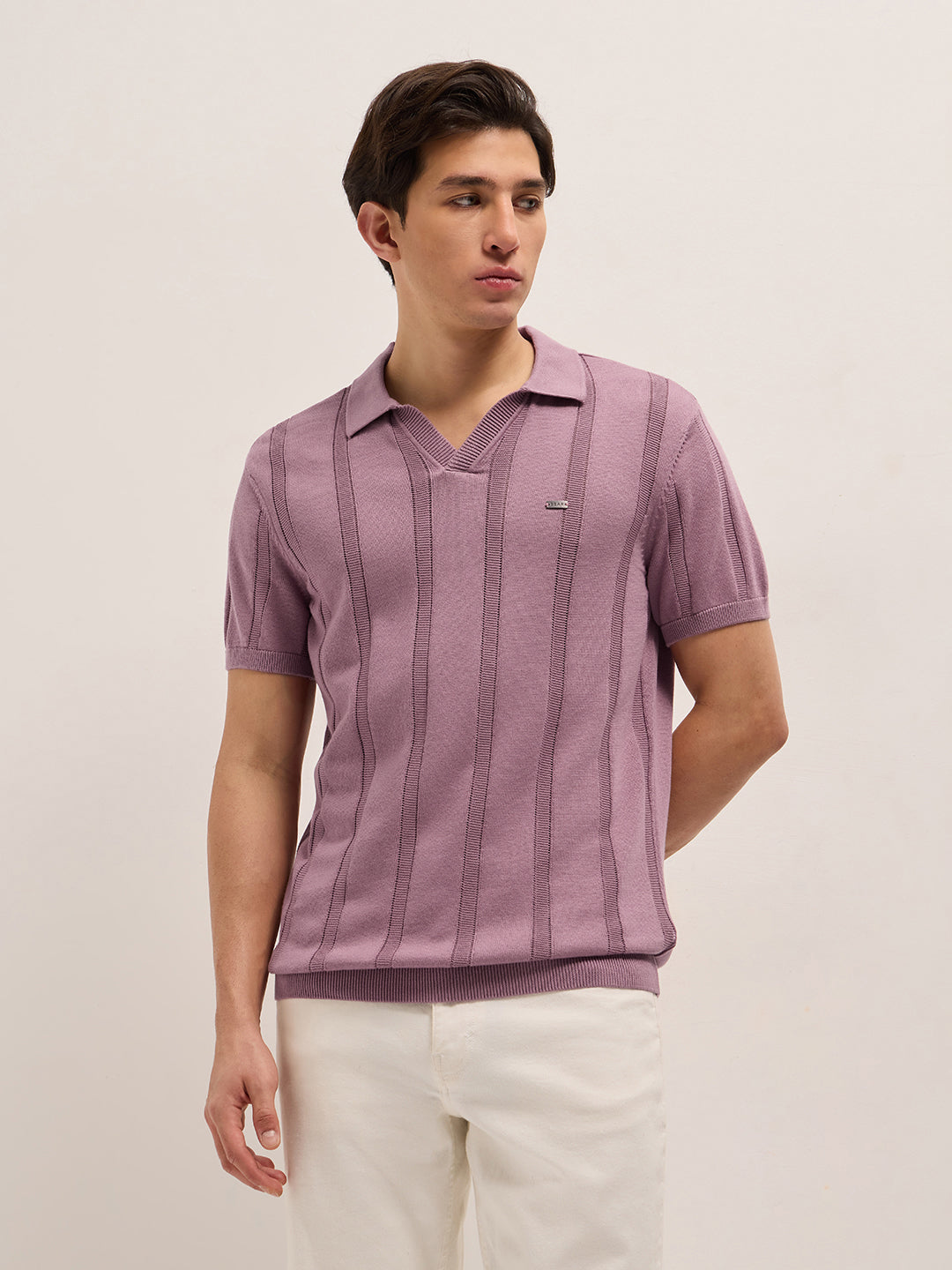 Men Pink Textured vertical knit stripes Slim Fit Polo