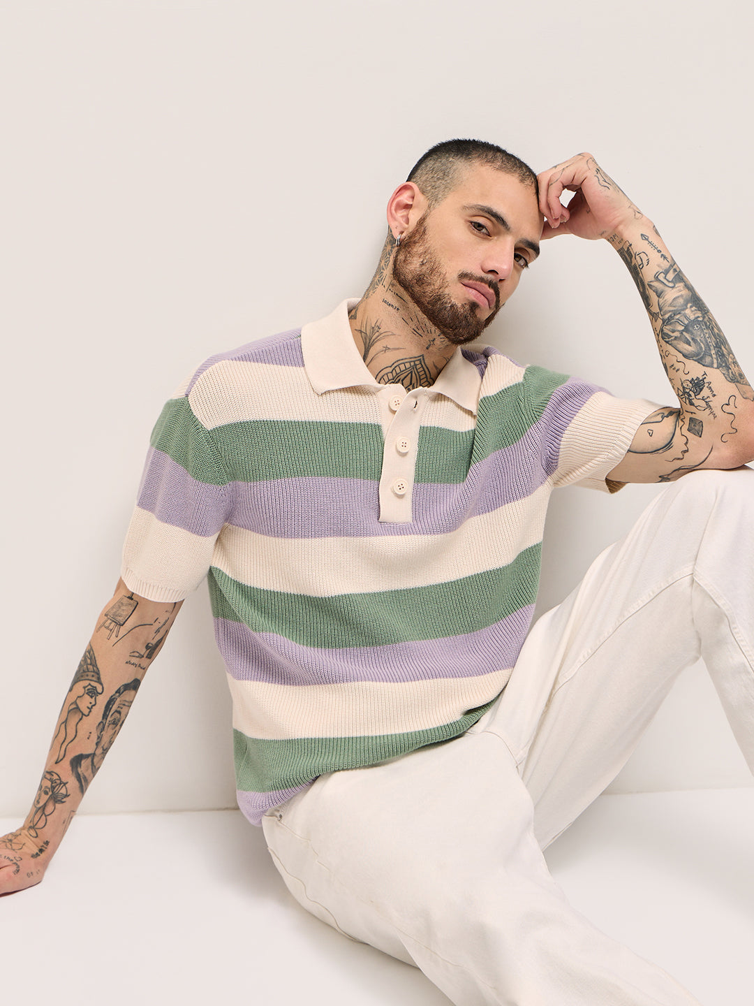 Men Multi-Color Horizontal Striped Textured Knit Design Regular Fit Polo