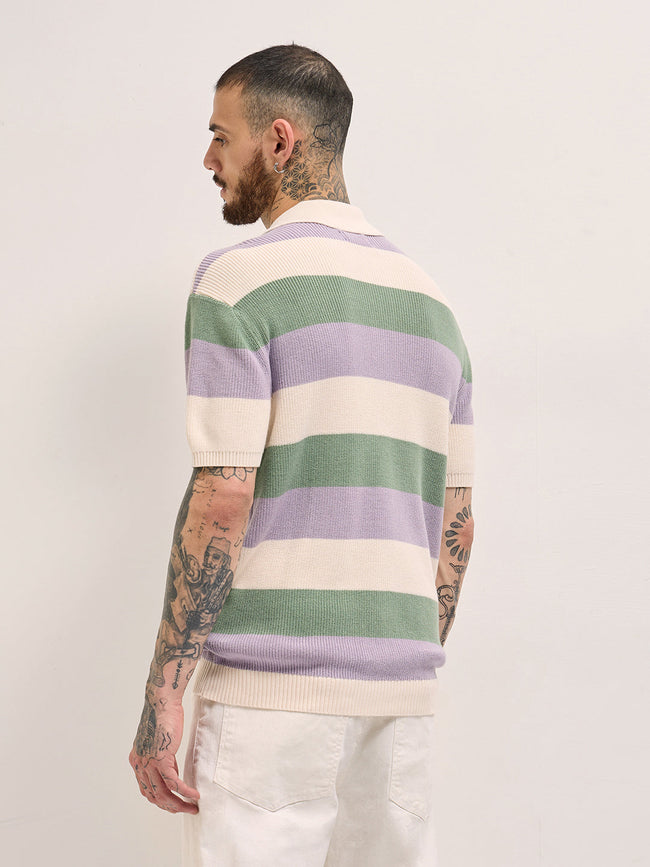 Men Multi-Color Horizontal Striped Textured Knit Design Regular Fit Polo