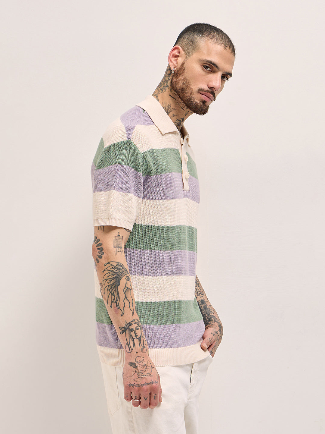 Men Multi-Color Horizontal Striped Textured Knit Design Regular Fit Polo
