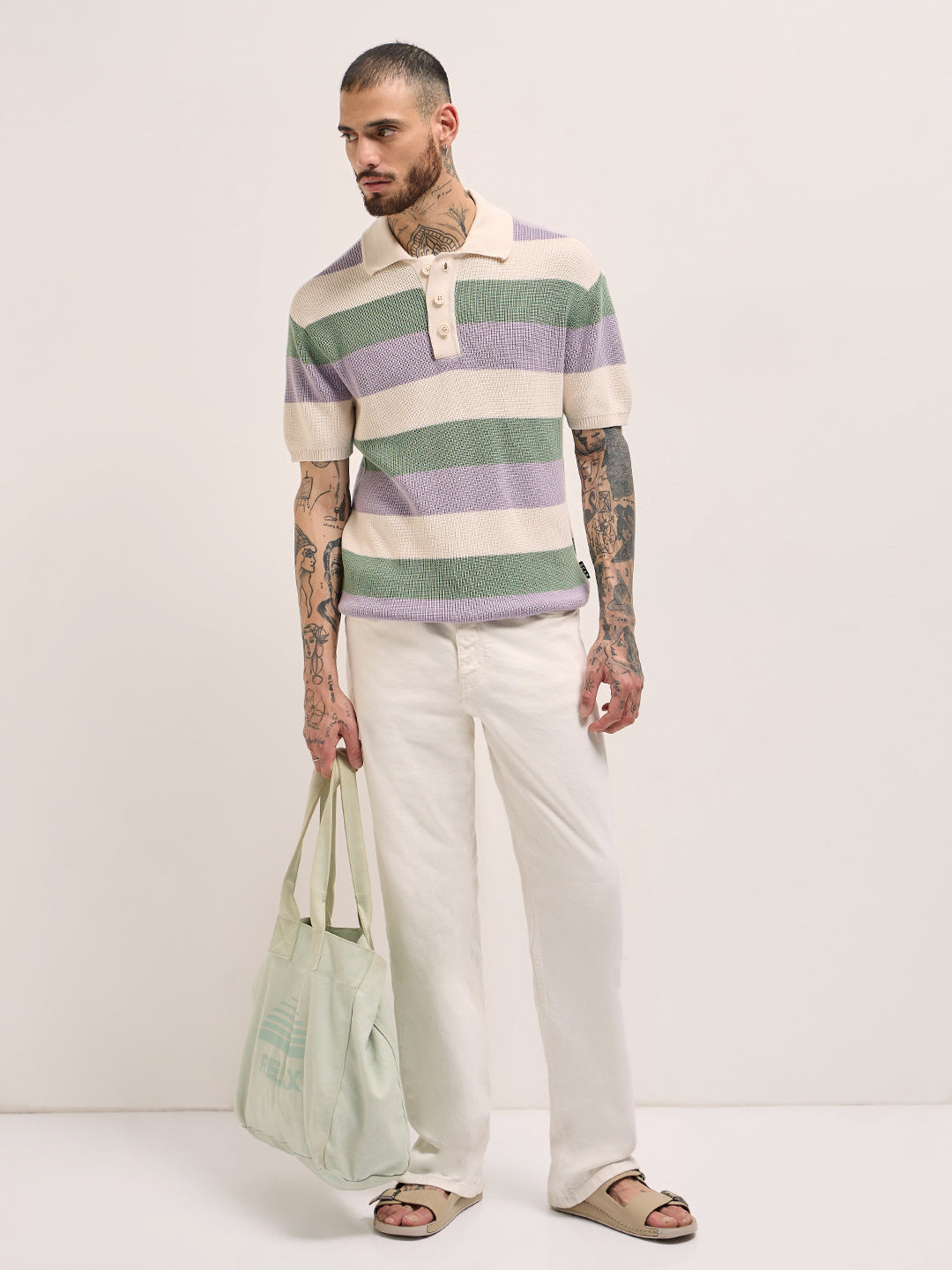 Men Multi-Color Horizontal Striped Textured Knit Design Regular Fit Polo