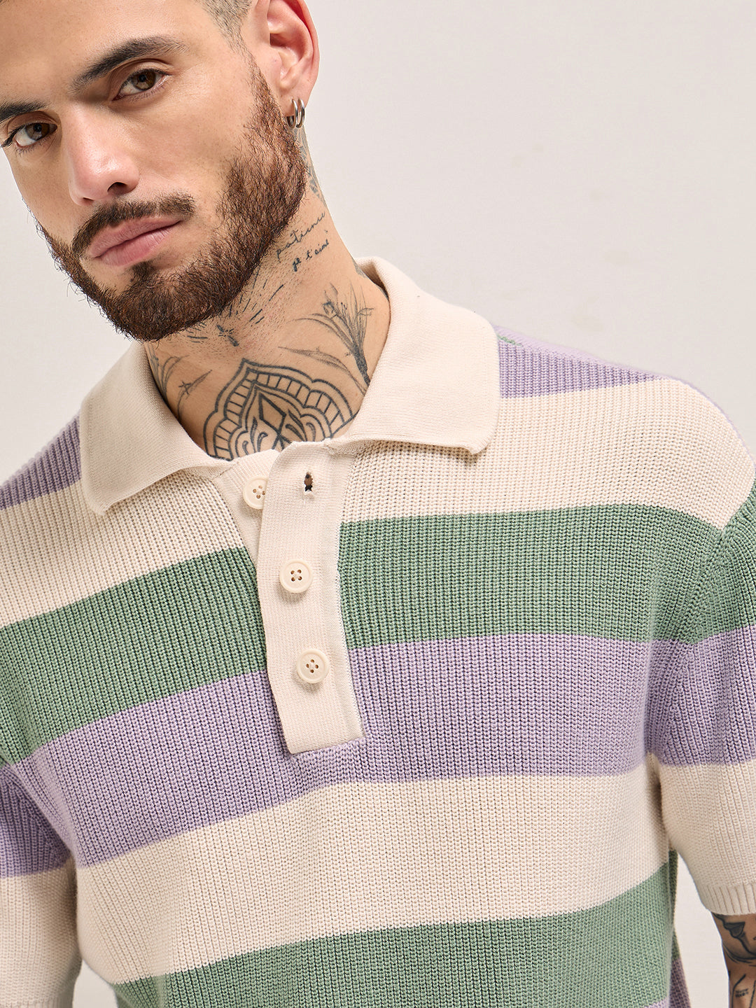 Men Multi-Color Horizontal Striped Textured Knit Design Regular Fit Polo