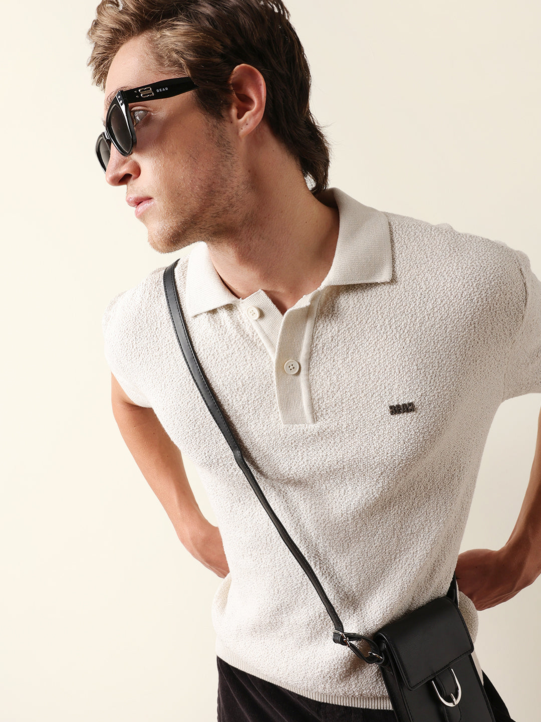 Men Off White Self Design Cotton T-Shirt