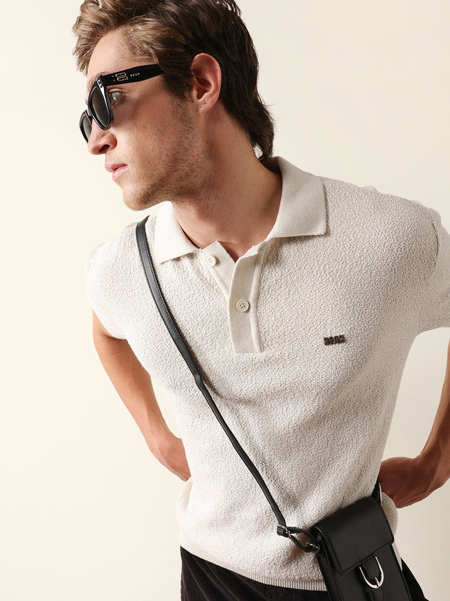 Men Off White Self Design Cotton T-Shirt