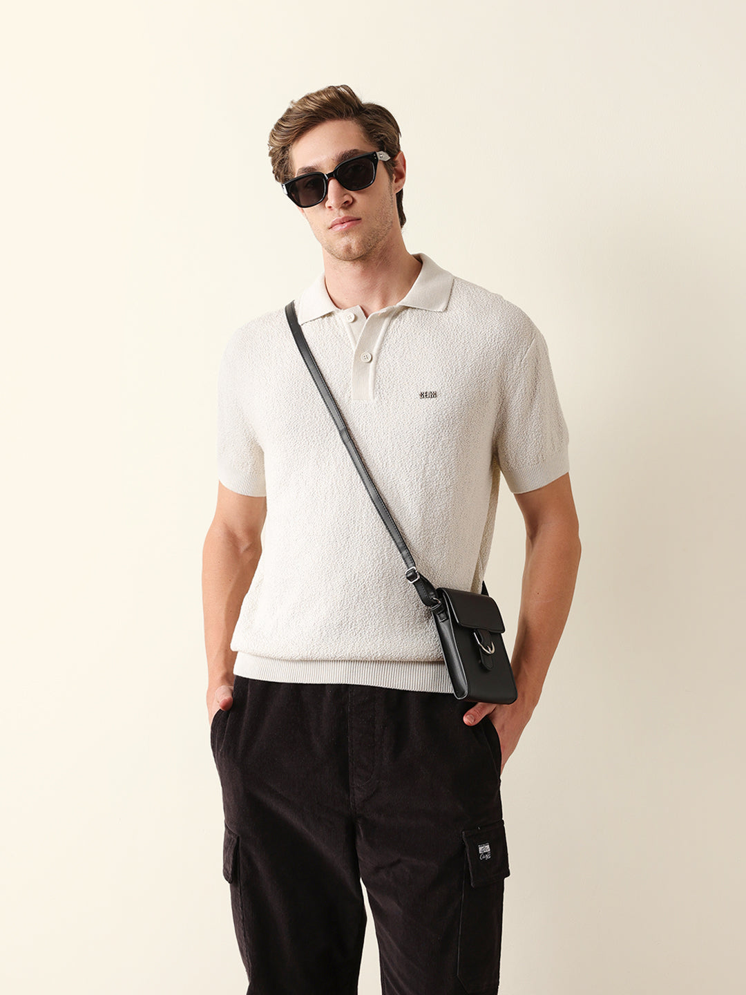Men Off White Self Design Cotton T-Shirt