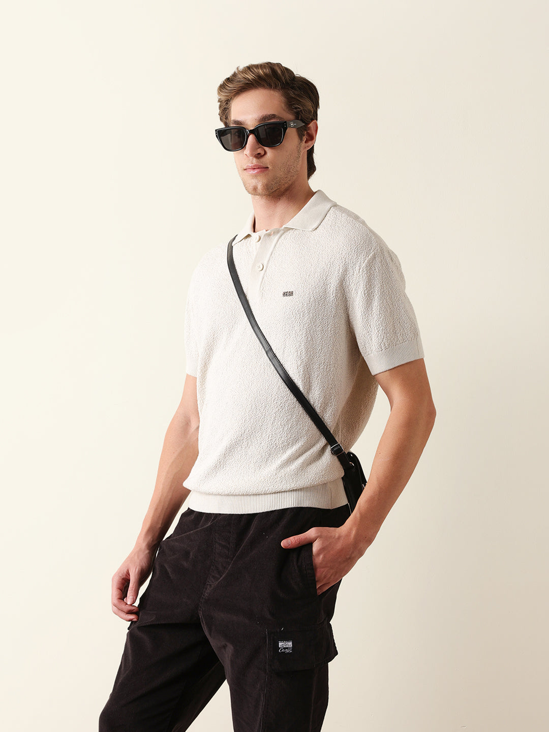 Men Off White Self Design Cotton T-Shirt