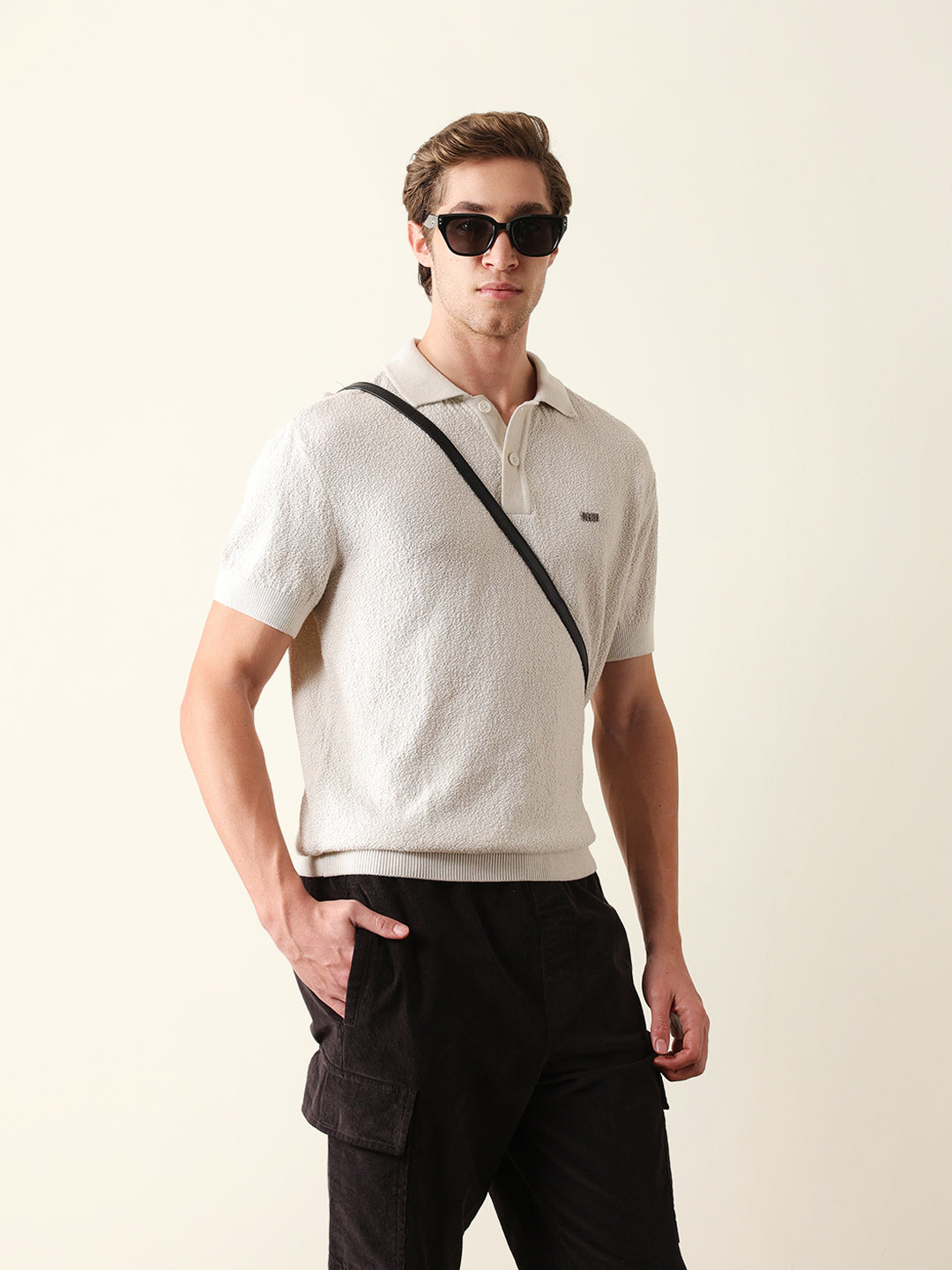 Men Off White Self Design Cotton T-Shirt