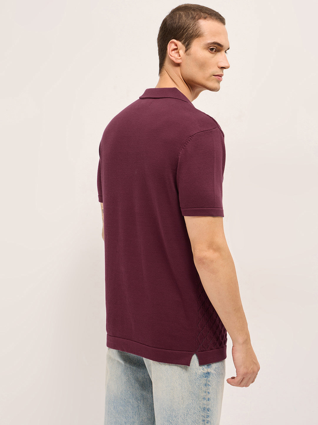 Men Maroon Diamond Textured Flat Knit Slim Fit Polo