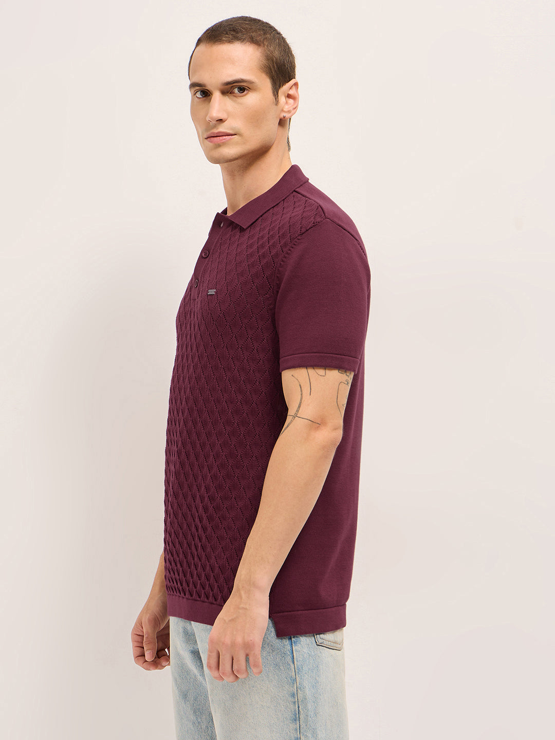 Men Maroon Diamond Textured Flat Knit Slim Fit Polo