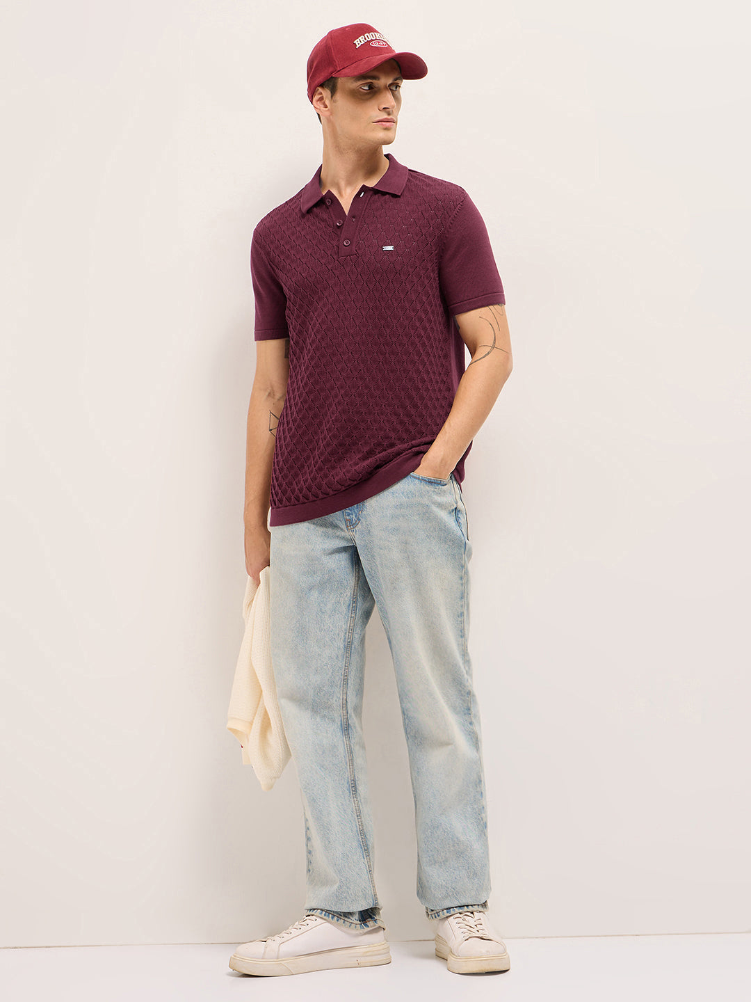 Men Maroon Diamond Textured Flat Knit Slim Fit Polo