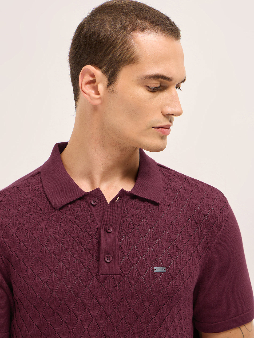 Men Maroon Diamond Textured Flat Knit Slim Fit Polo