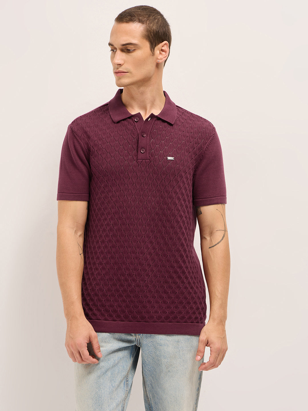 Men Maroon Diamond Textured Flat Knit Slim Fit Polo