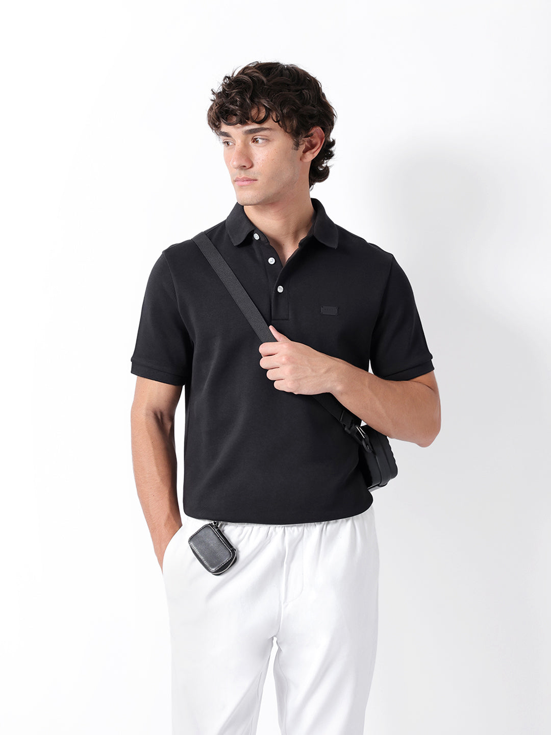 Men Black Solid Cotton Polo