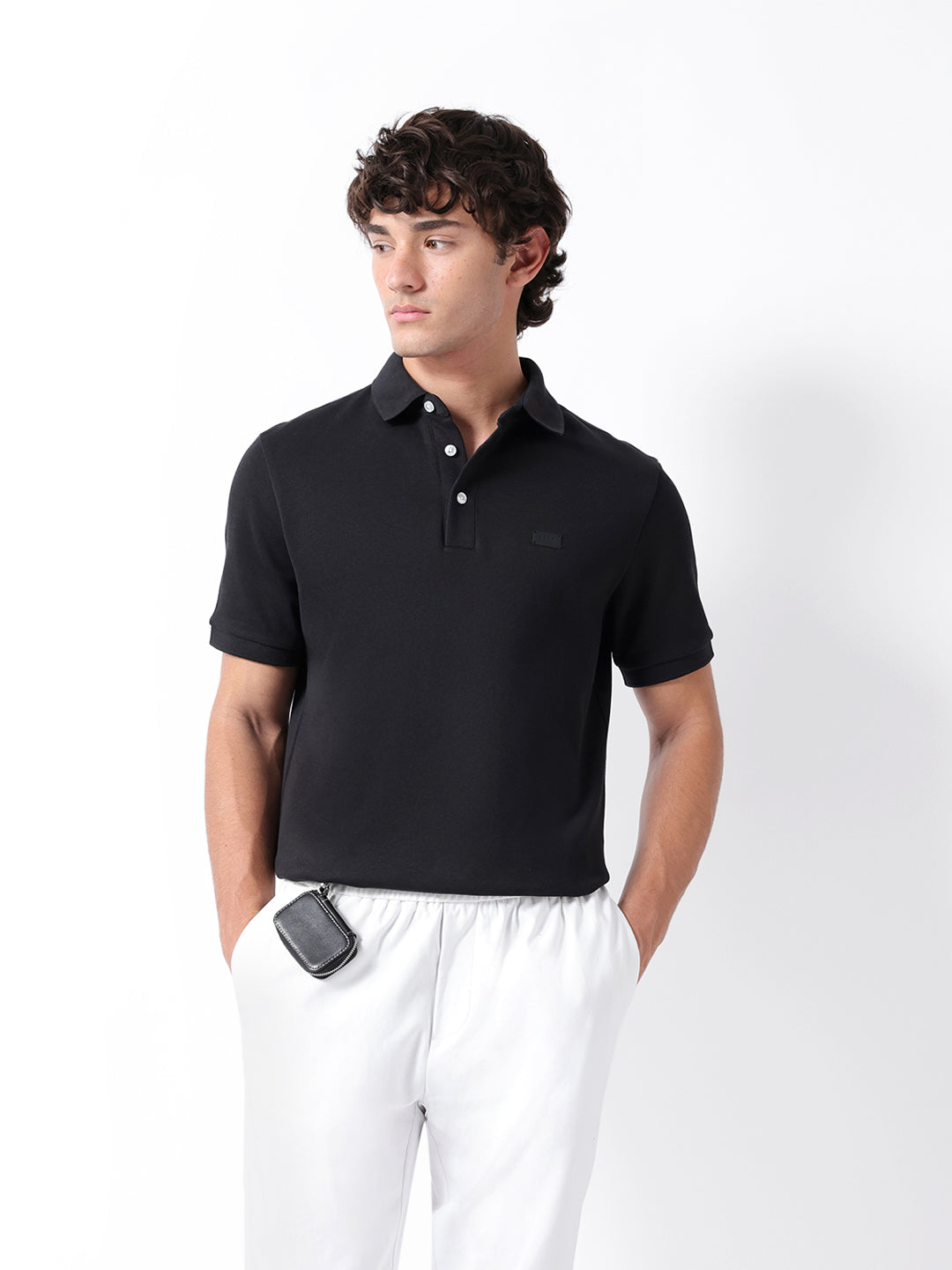 Men Black Solid Cotton Polo