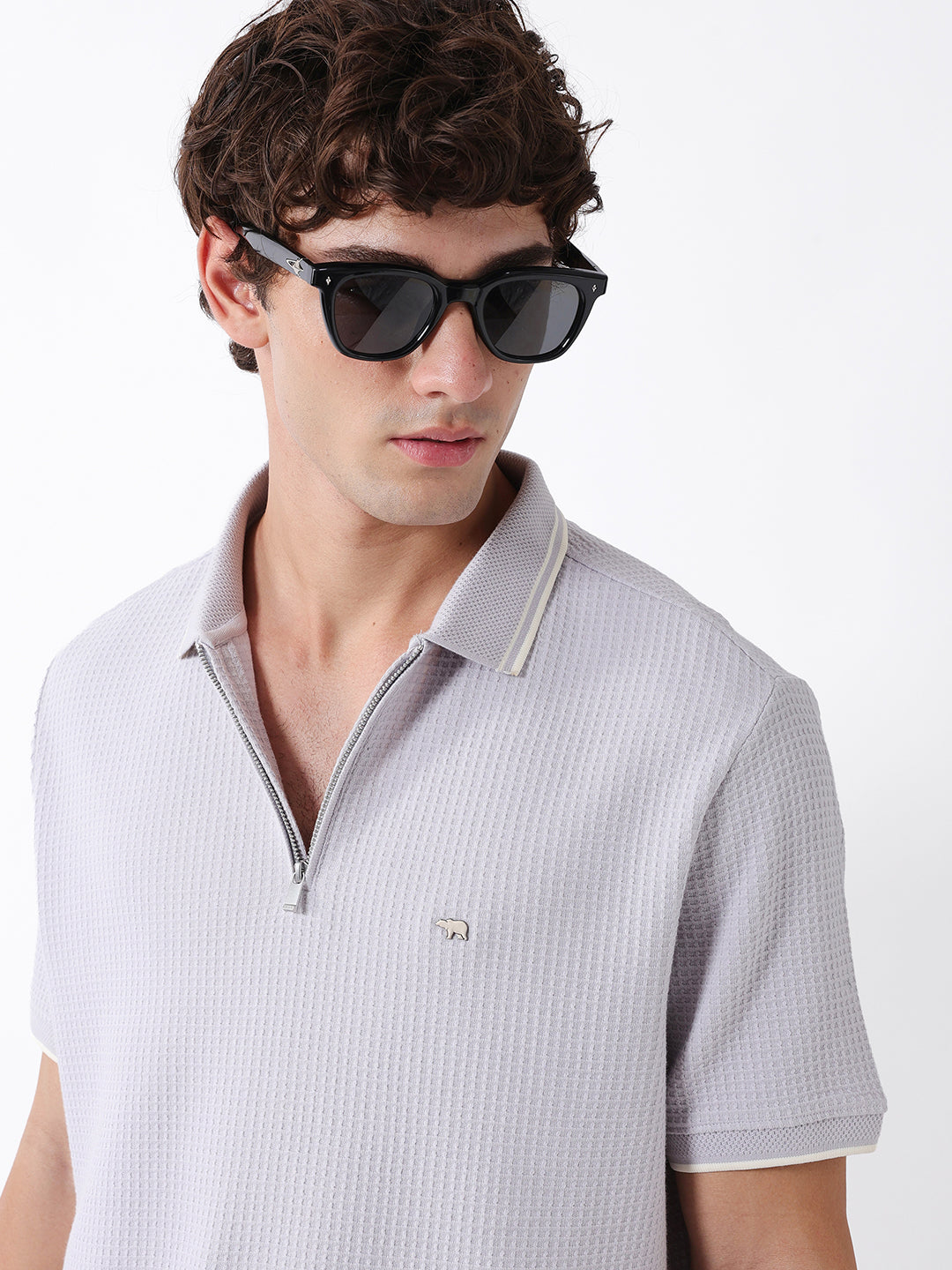 Men Grey Self Design Cotton Polo T-Shirt