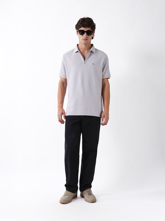 Men Grey Self Design Cotton Polo T-Shirt