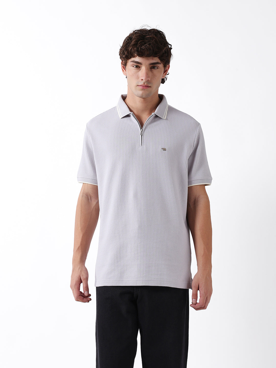 Men Grey Self Design Cotton Polo T-Shirt
