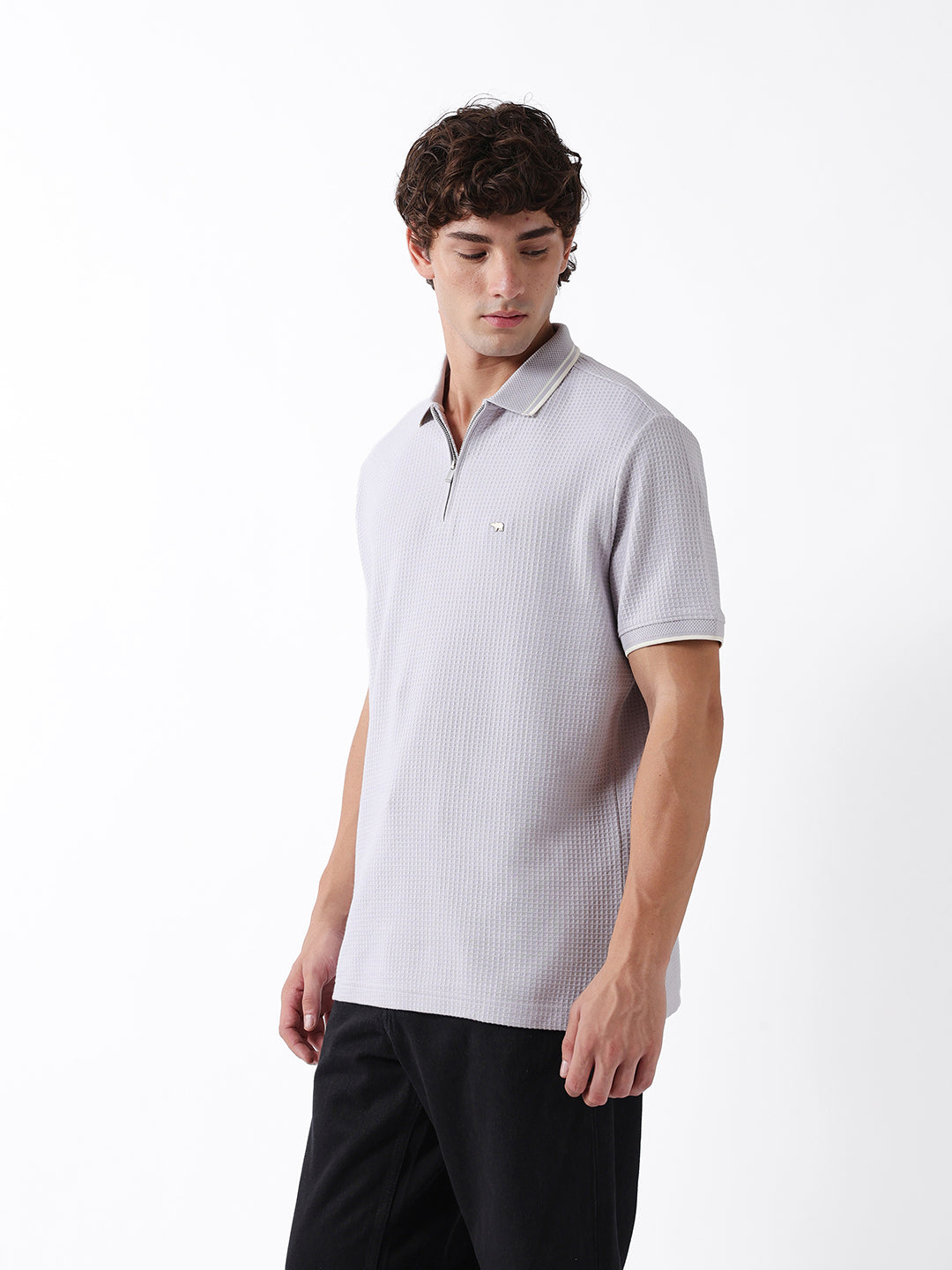 Men Grey Self Design Cotton Polo T-Shirt