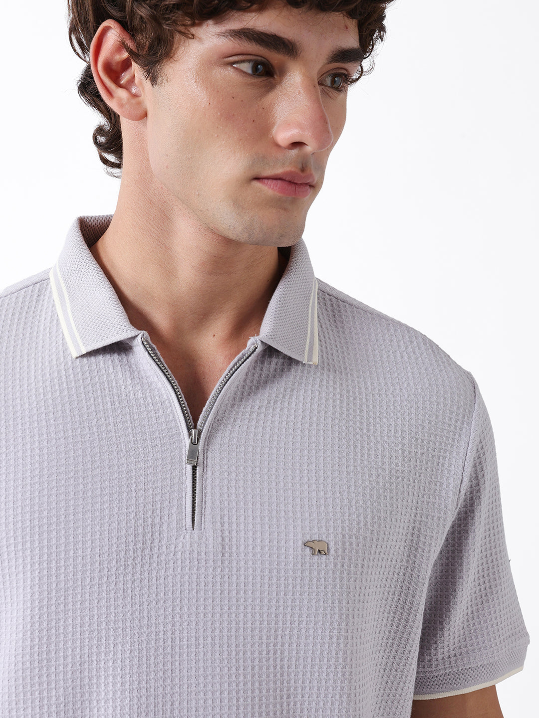 Men Grey Self Design Cotton Polo T-Shirt