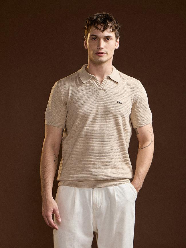 Men Beige Textured Slim Fit V-Notch Style Polo