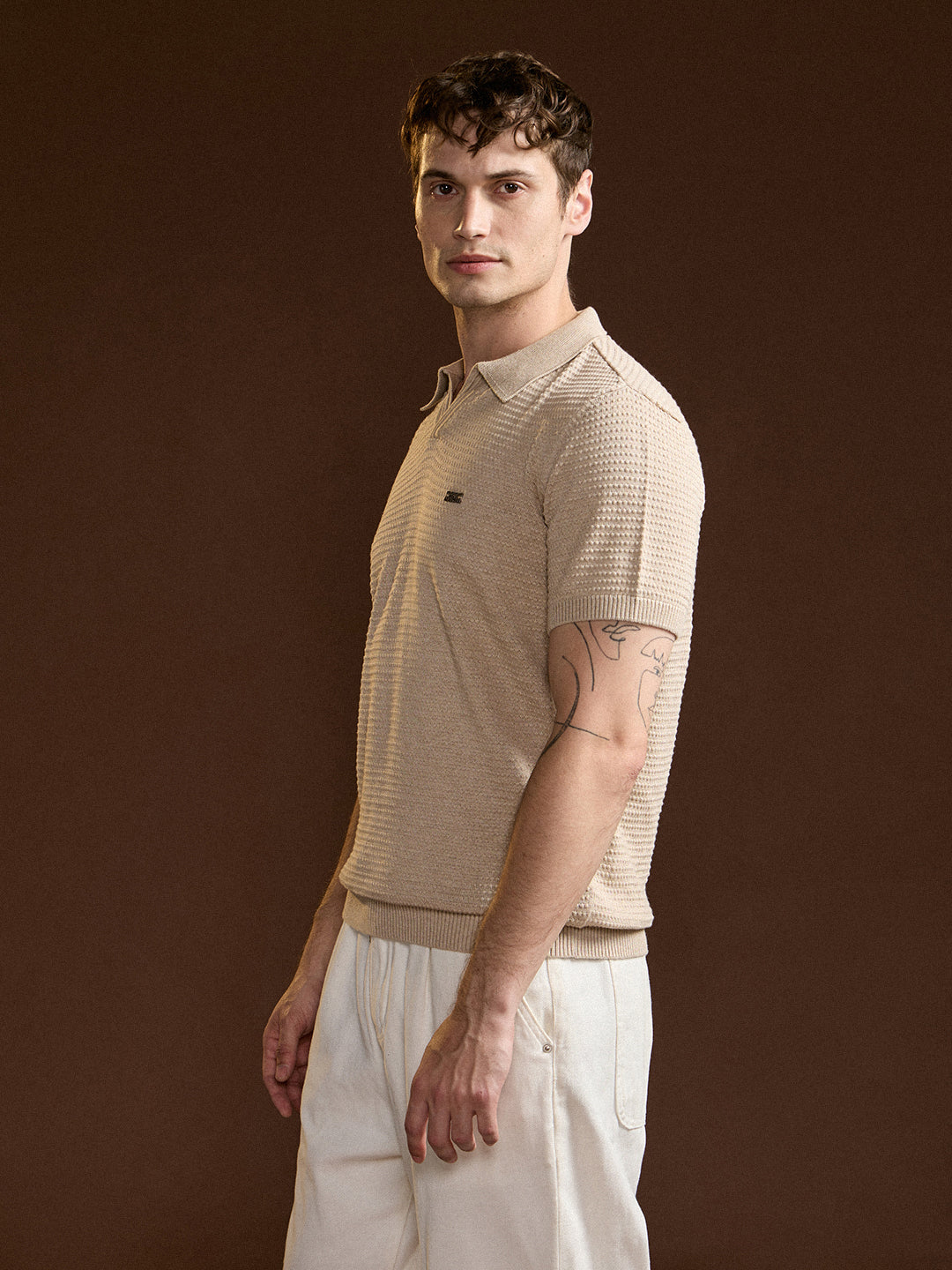 Men Beige Textured Slim Fit V-Notch Style Polo