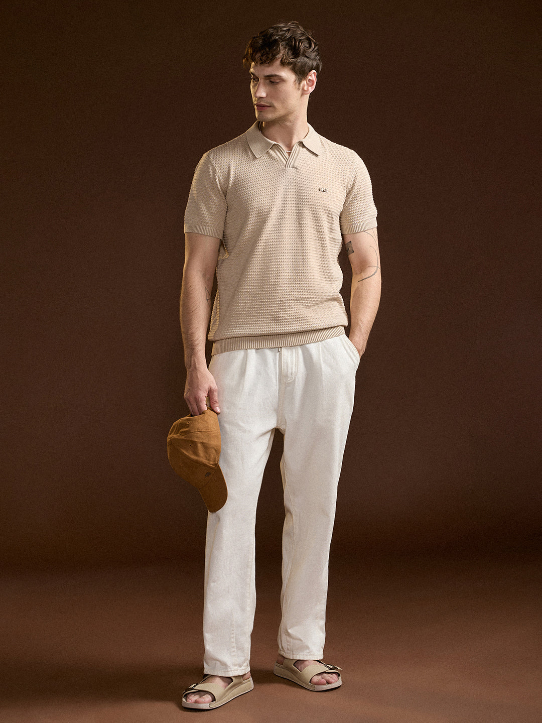Men Beige Textured Slim Fit V-Notch Style Polo