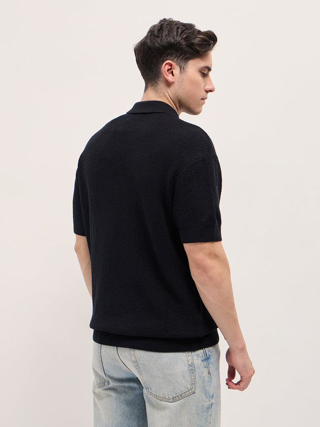 Men Black Solid Texture Knit Design Regular Fit Polo